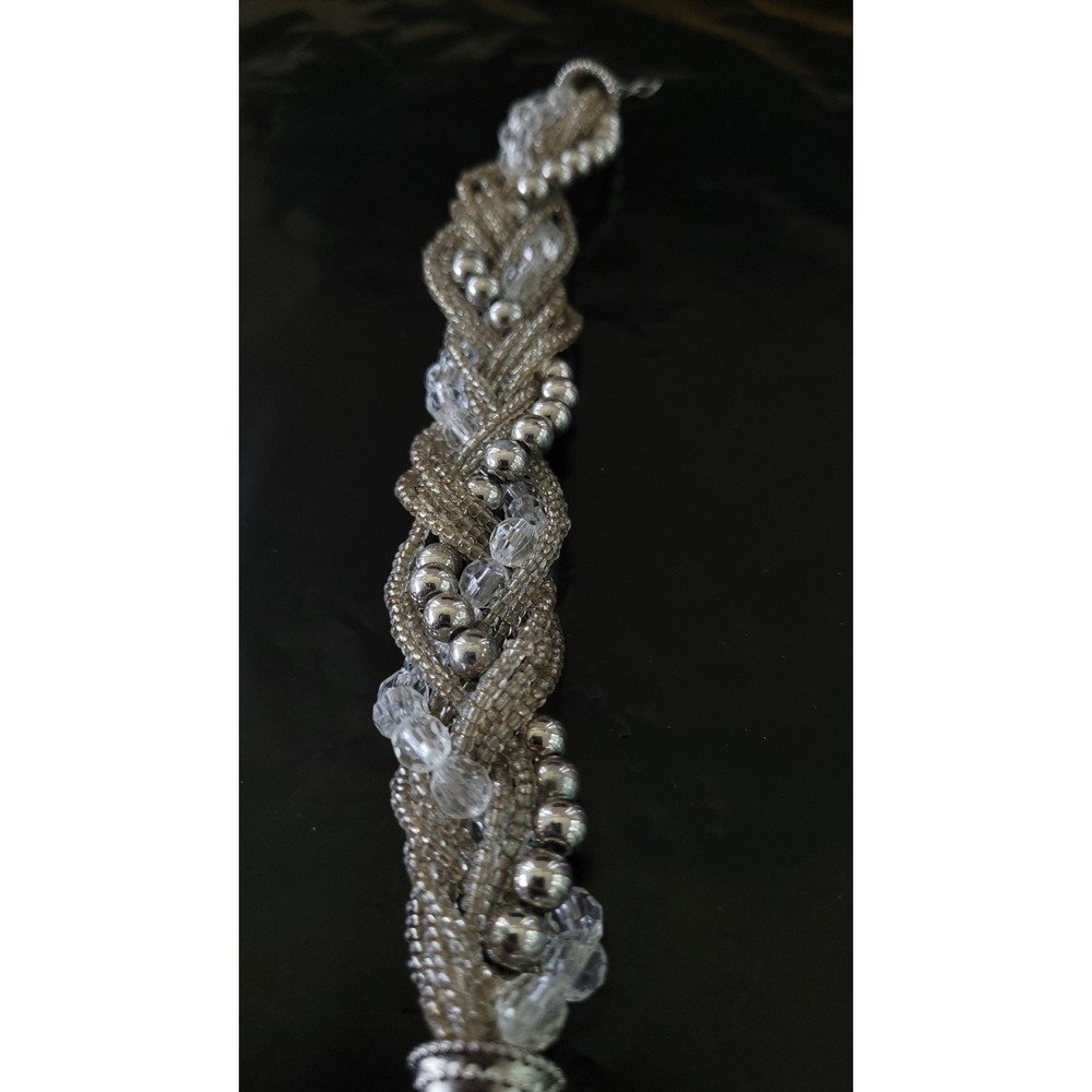 Braided Silver Tone Seed Bead Crystal Statement Bracelet 8" Chunky Boho